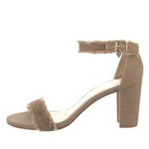 Stuart Weitzman Chaingang Frayed Linen Beaded Gold Heels Womens Tan Strappy